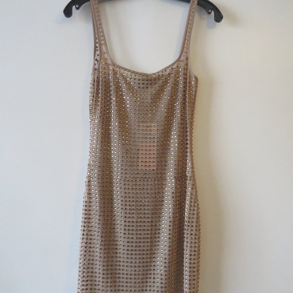 NWT OH POLLY BATCH A BEIGE SHEER BODYCON DRESS 6 - Picture 3 of 8